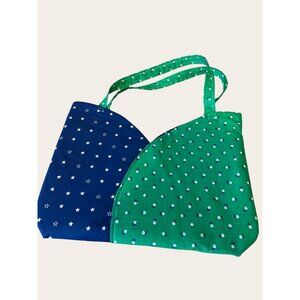 Handmade Blue & Green Star Floral Tote Bag With Shoulder Straps & Multiple Compa